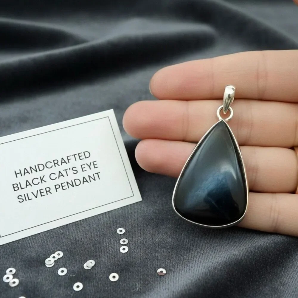 RARE Black Cat's Eye Pendant Necklace | Sterling Silver Teardrop Cabochon Stone